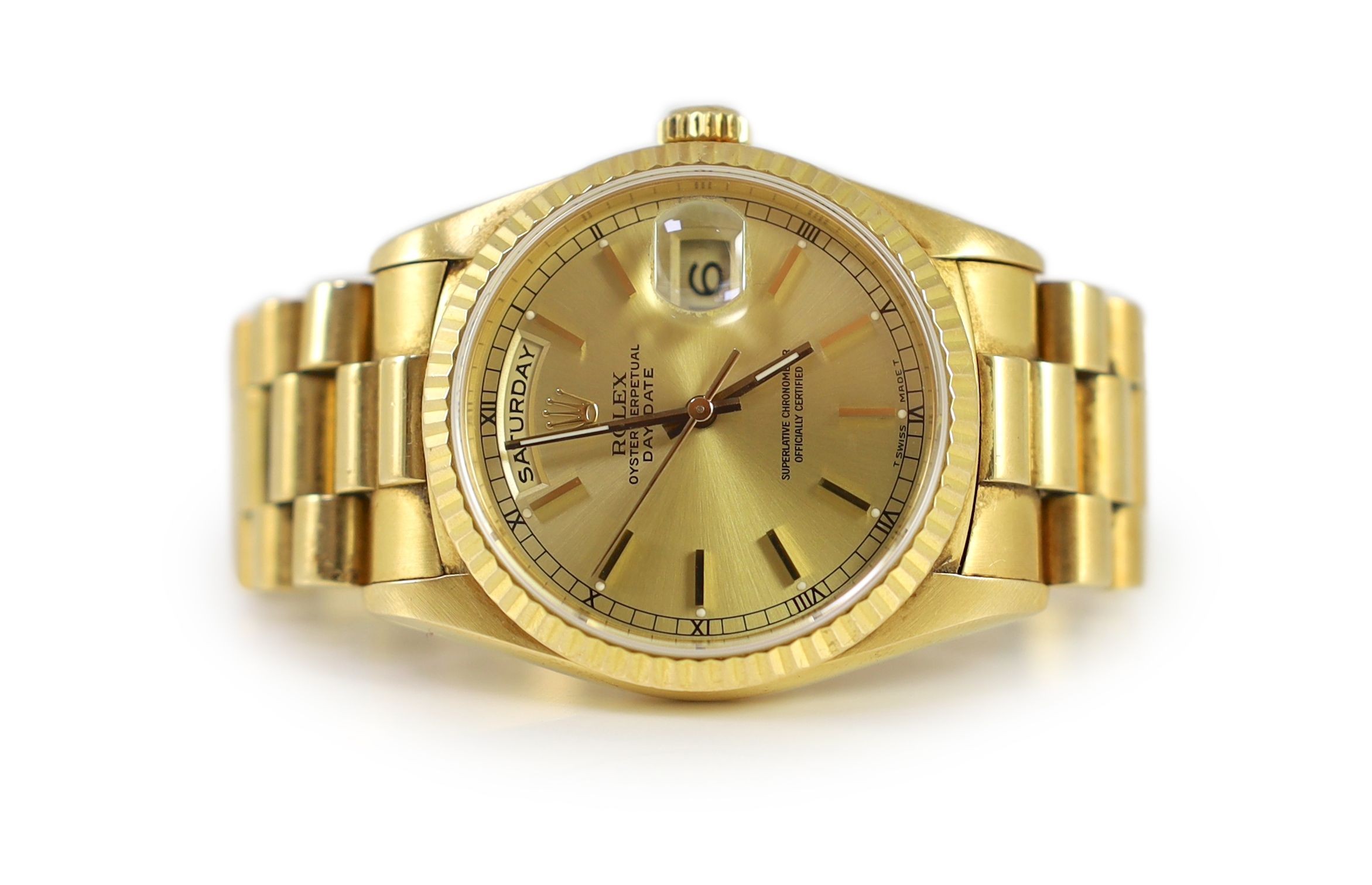 A gentleman's late 20th century 18ct gold Rolex Oyster Perpetual Day Date wrist watch, on an 18ct gold Rolex bracelet with deployment clasp